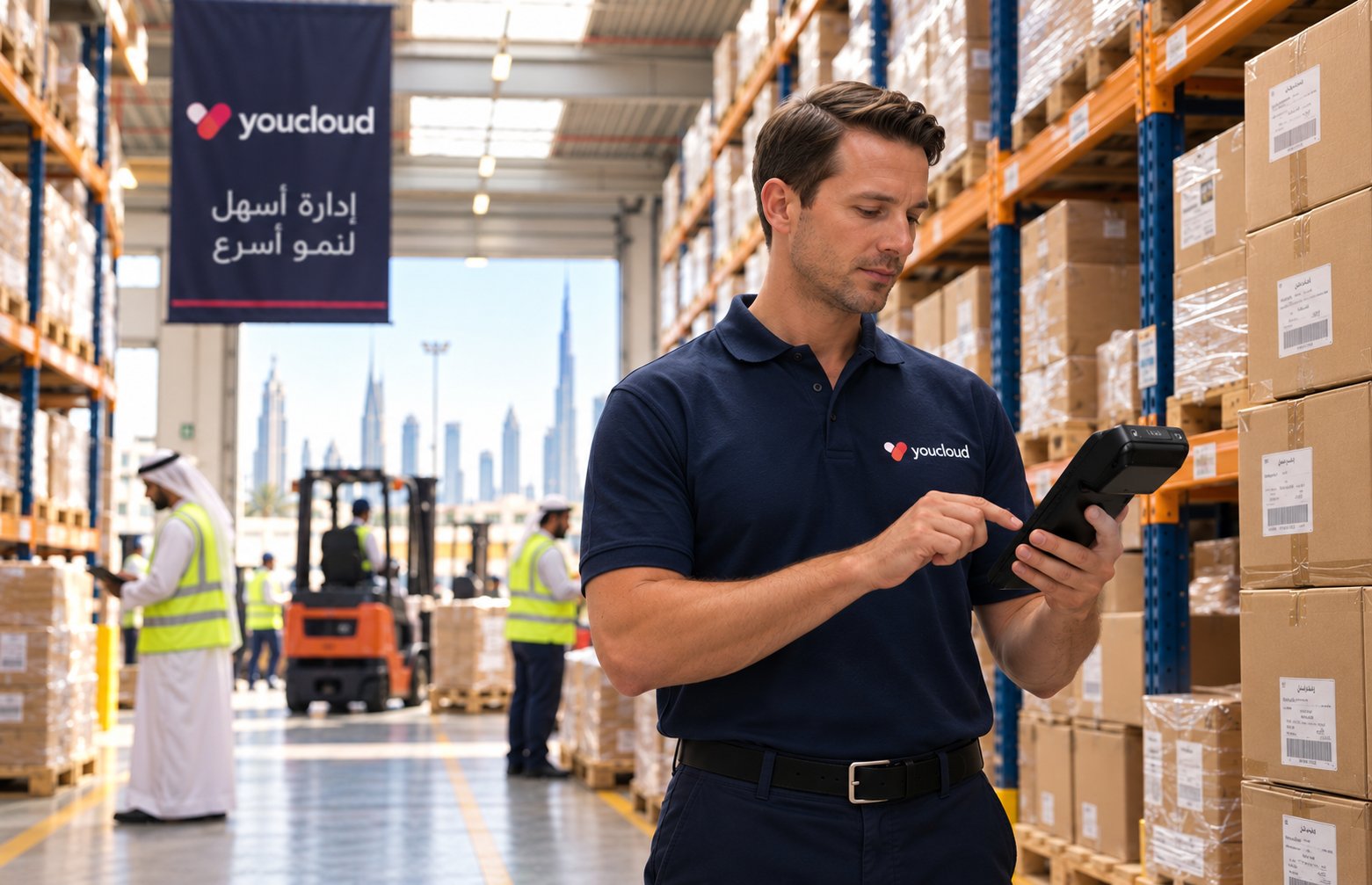 A warehouse manager checking stock on a youcloud handheld