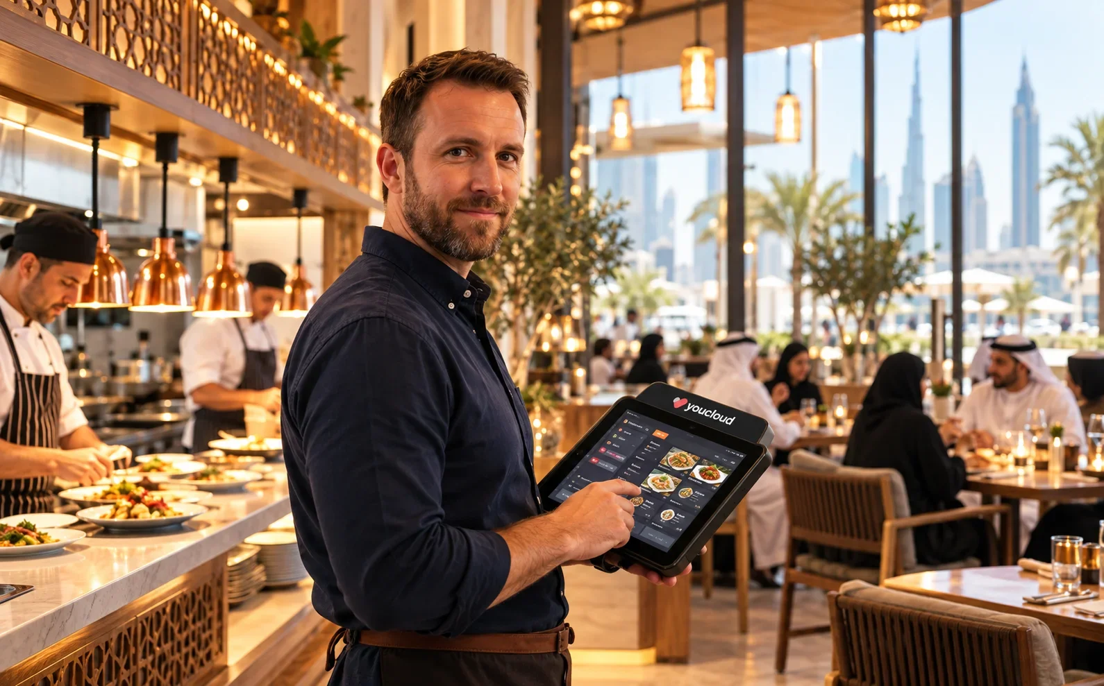 A restaurant owner reviewing AI insights on a youcloud tablet